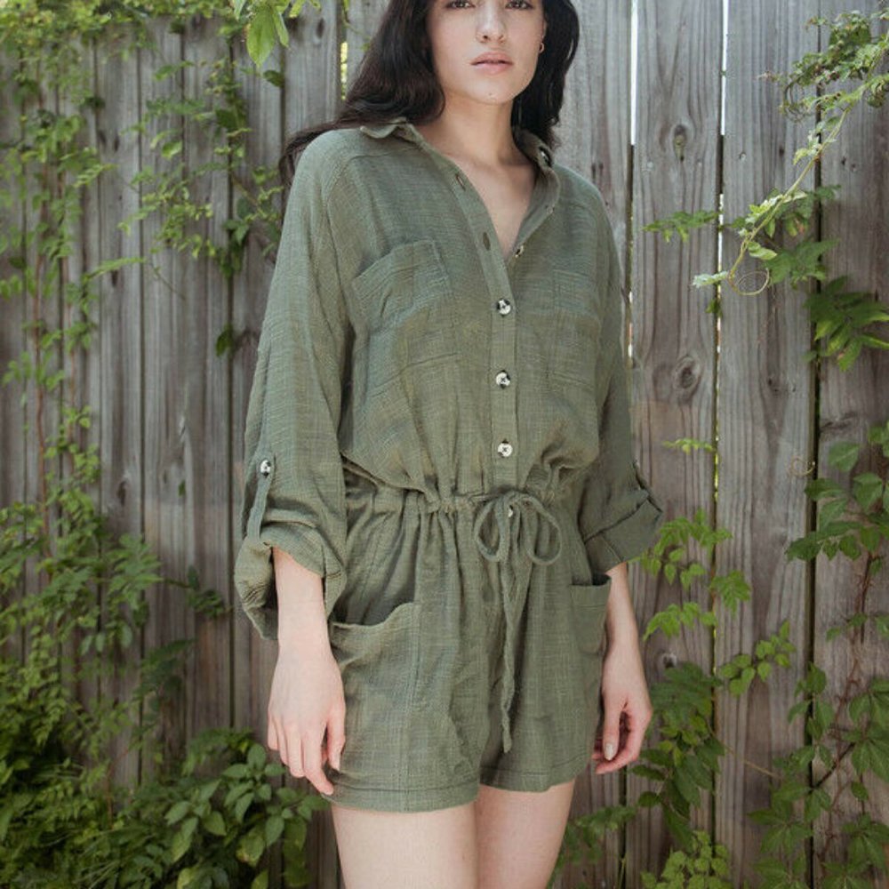 Out From Under Button-Down Romper Collared Green M - image 1